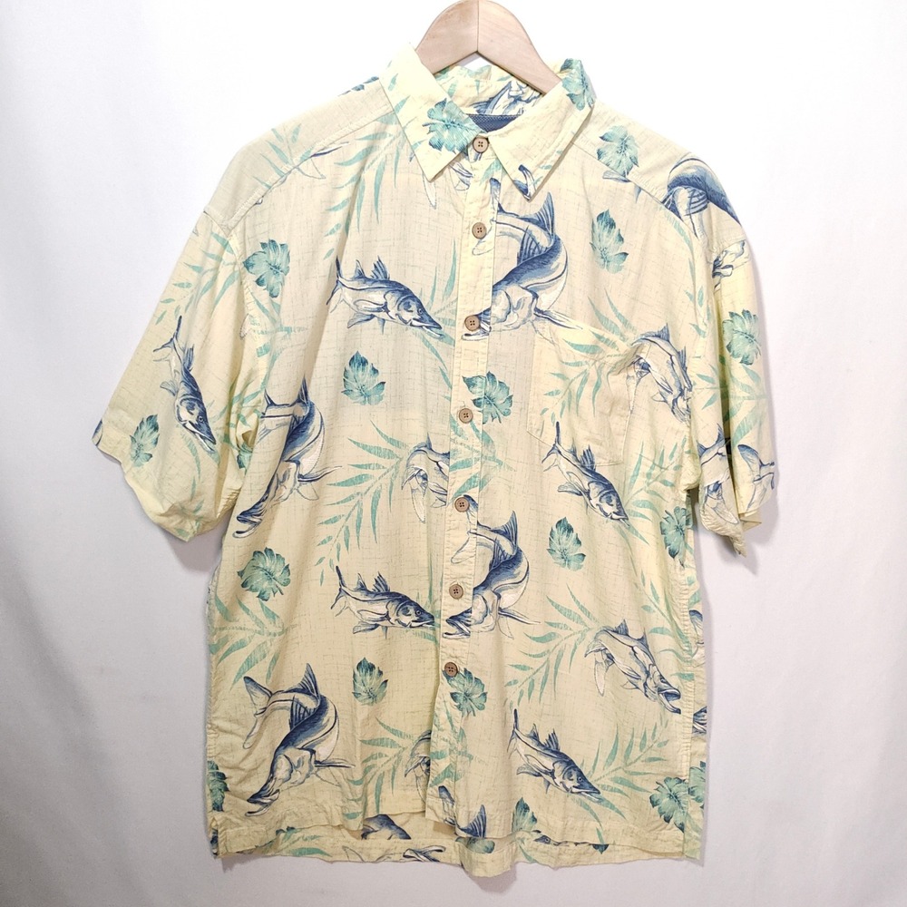 Reel Legends Shirt Men's Large Marlin Fishing Print Button-Up Short Sleeve